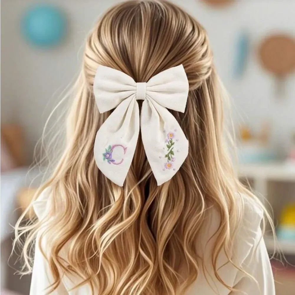 Cream Embroidered Floral Kids Hair Bow A1601